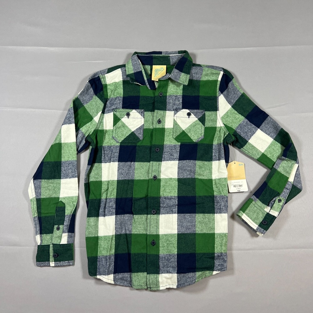 Thereabouts Flannel Shirt Boys L 14-16 Navy Green Buffalo Plaid Cotton Button Up